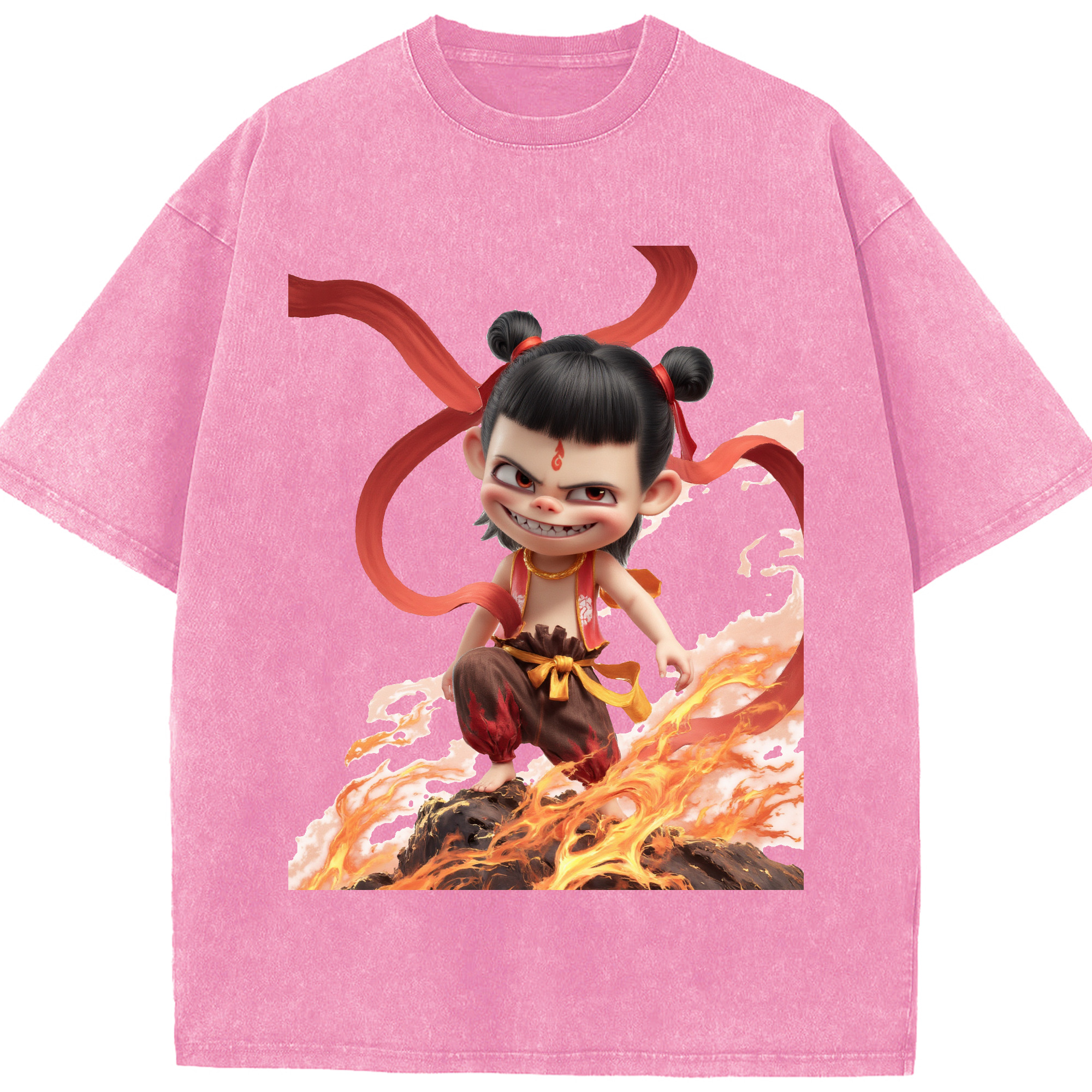 （画像用） Ne Zha 2 ナタ 魔童の大暴れ 綿100% ヴィンテージ風 半袖Tシャツ（フロントプリント）